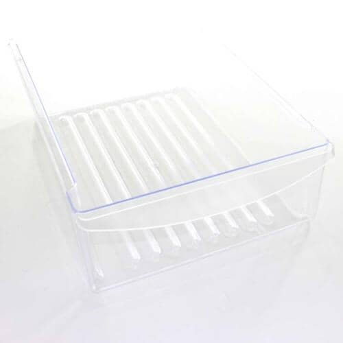 Side profile view highlighting the depth and structure of the clear plastic storage bin.