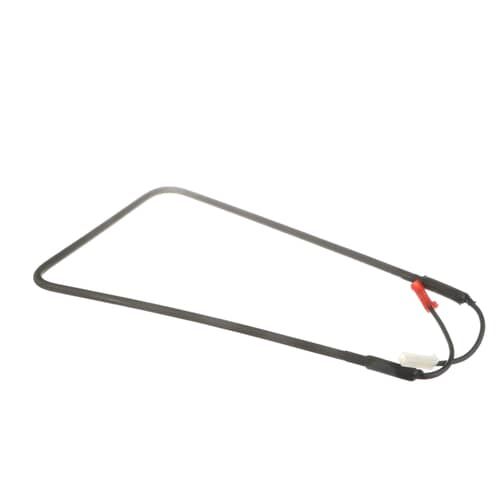 The U-shaped defrost heater element showing the black coated metal coil and the connecting wires with red and white terminals.