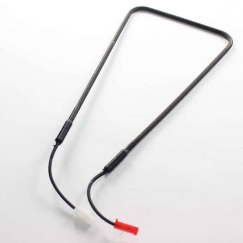 Angled view of the defrost heater assembly with the wires coiled slightly.