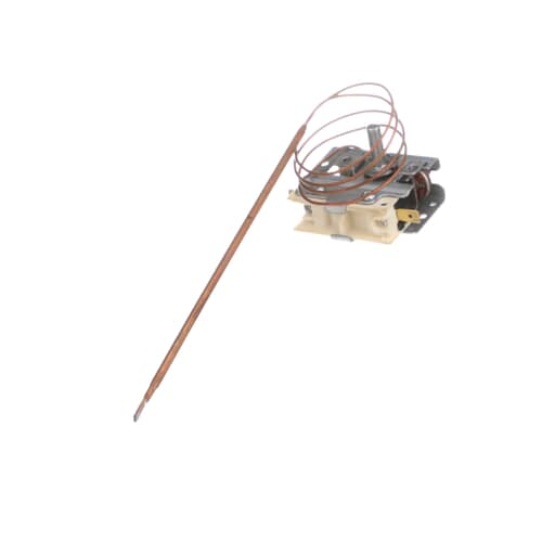 Angled view of the 316032411 thermostat, highlighting the coiled capillary tube (bulb) used for temperature sensing.