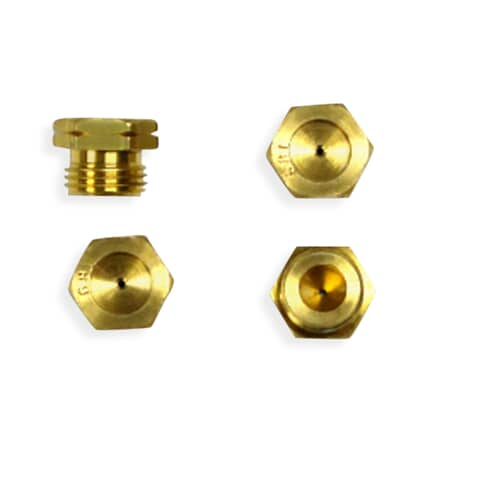 Close-up top and side view of the brass burner orifices included in the LP conversion kit.