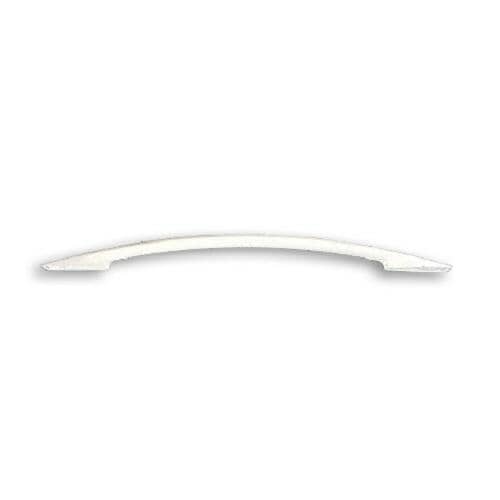 Front profile view of the curved white plastic oven handle.