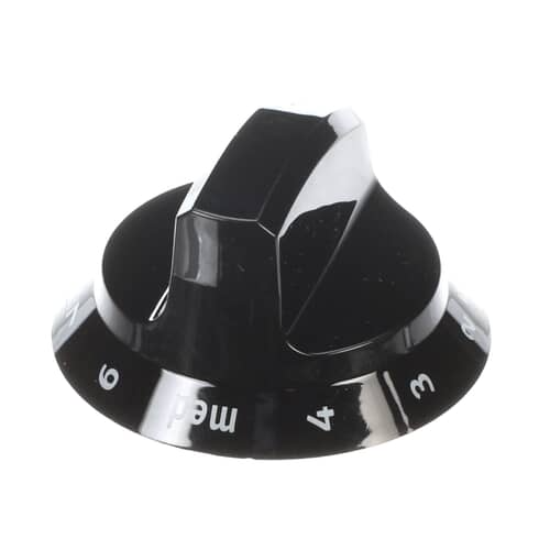 Side angled view of the black plastic cooktop control knob.