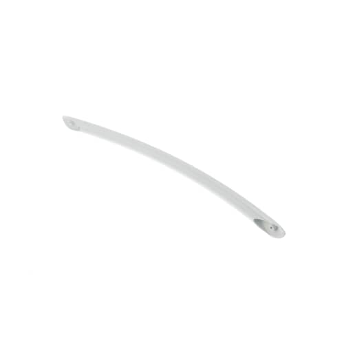 Side profile view of the long, curved white oven door handle.