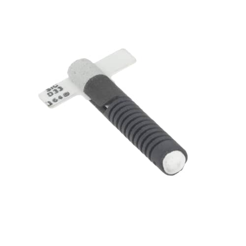 A view showing the mounting tab end of the ignitor, including markings on the white plastic.