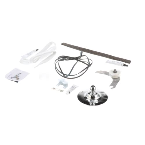 Dryer maintenance kit showing the white felt seals, the felt-lined drum support rail, and the tube of high-temperature lubricant.