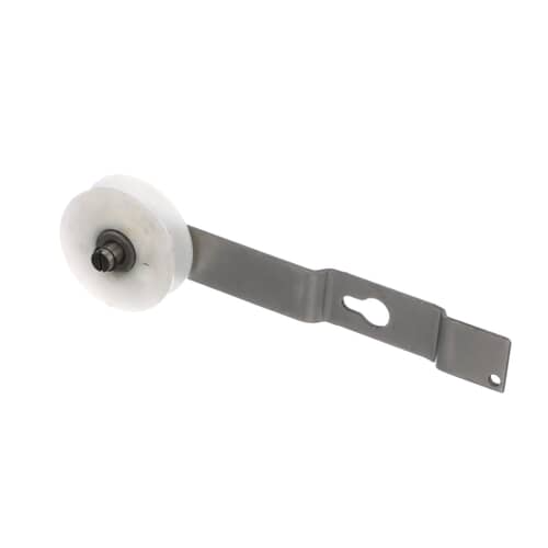 Angled view of the idler assembly showing the white pulley wheel and the metal arm.