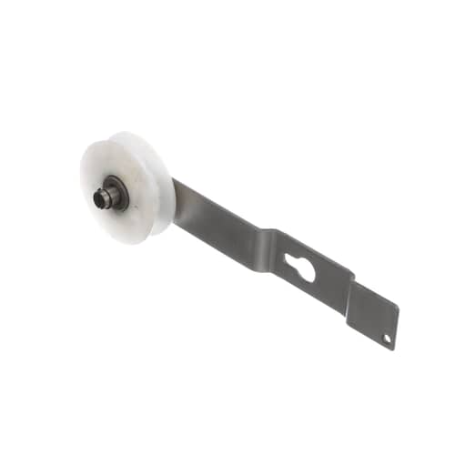 Top view of the assembly showing the white pulley wheel secured onto the metal arm with a center nut/clip.