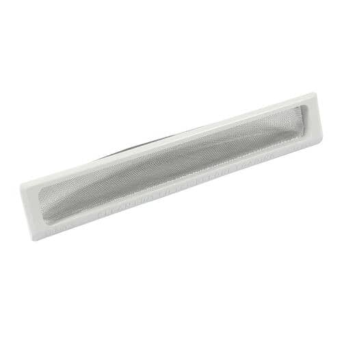 Top-down view of the rectangular lint filter showing the fine mesh screen within the white plastic frame.