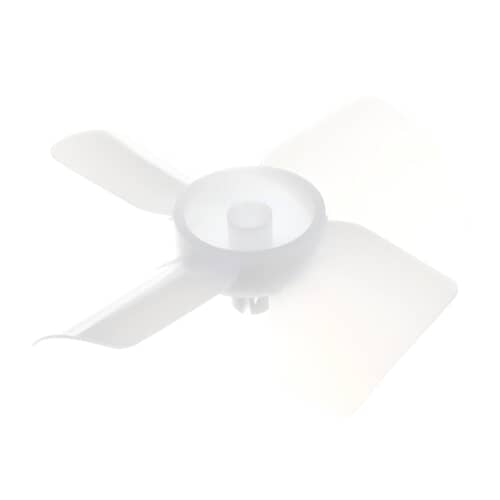 A white/translucent plastic fan blade assembly shown angled against a dark background.