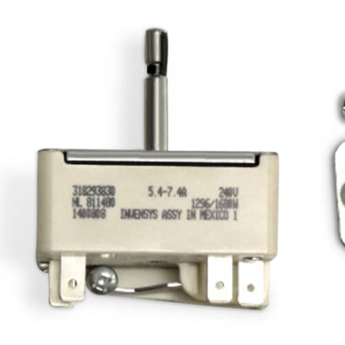 Close-up view of the 903136-9010 infinite switch label, showing part numbers and electrical ratings (e.g., 240V, 5.4-7.4A).