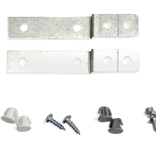 Overhead view focusing on the metal bracket ends and various plastic plugs
