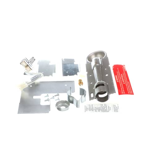 Assortment of metal brackets, screws, a gas orifice, and the main burner housing for the Electrolux LP conversion kit.