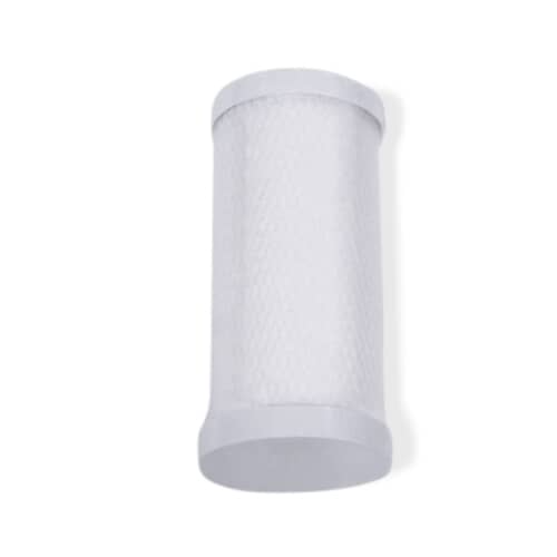 A single white, cylindrical water filter cartridge isolated against a white background.