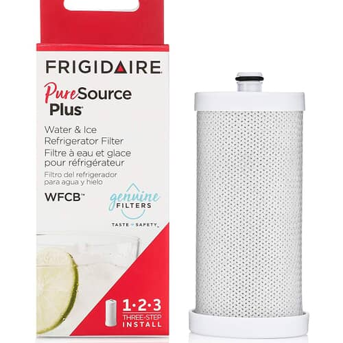 Two white refrigerator water filter cartridges shown together, both sealed with foil on one end.
