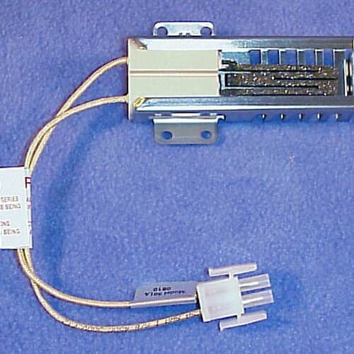 Side view of the GE WB13K21 Burner Igniter showing the metal igniter body, wiring connector, and clear labeling for easy installation into GE gas ranges and ovens.