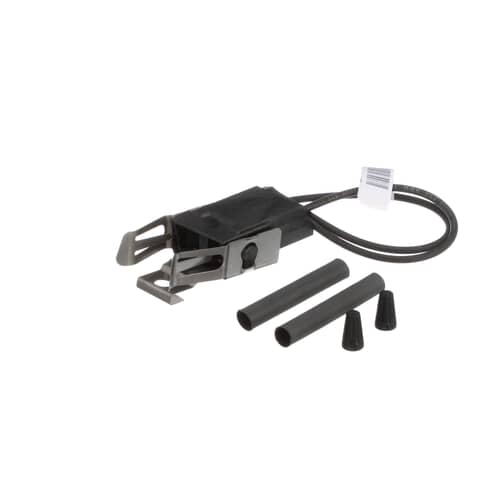 Front-facing view of the WB17X5113 element receptacle block, including mounting bracket and splicing accessories (wire nuts, shrink tubing).