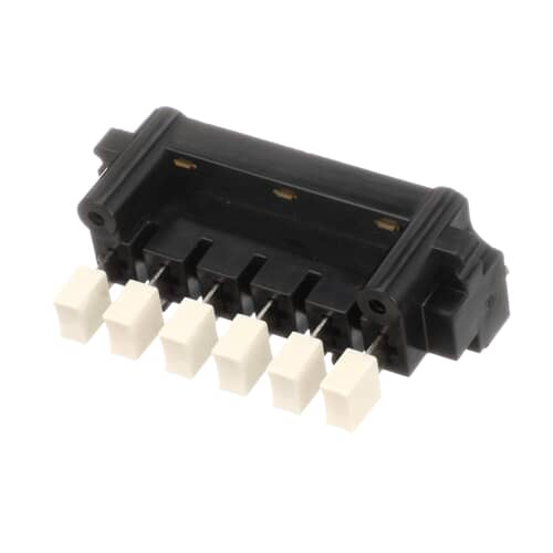 Front view of the GE WB23X33 unit switch assembly housing the 6 white burner switches.