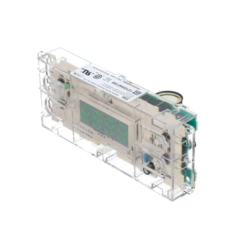Angled view of the WB27T10469 range clock control board showing the circuit board and components.