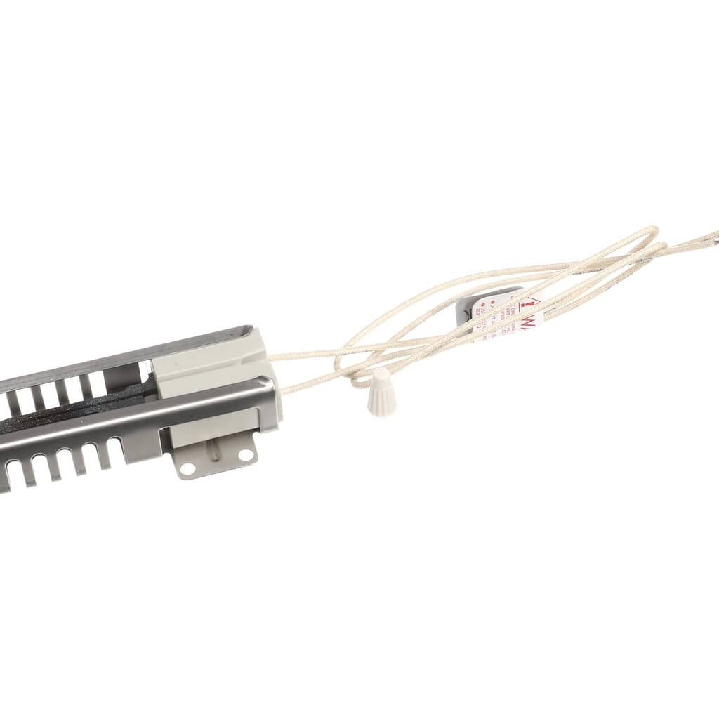 Side view of the GE WB2X9998 Oven Igniter, showing the ceramic igniter bar, metal housing, and lead wires designed to ignite the gas burner for consistent oven performance.
