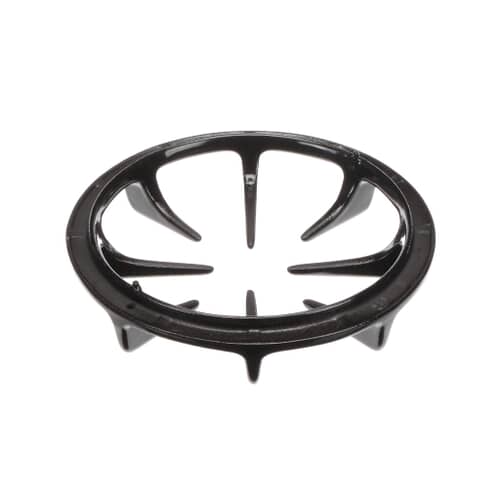 Front view of the single black burner grate (GE WB31T10006) for cooktops.