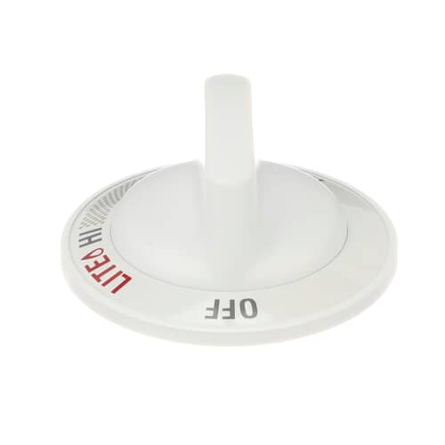 Angled view of the white GE WB3K5296 burner valve knob with a red indicator dot on the handle.
