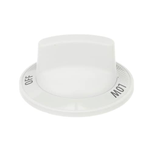 Side profile of the white GE WB3K5296 gas burner knob showing the LOW and OFF settings.