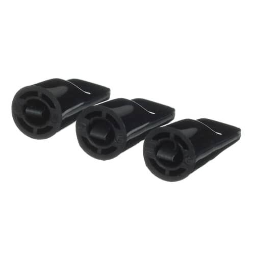 Angled view of the set of three WB3X5699 black timer knobs.