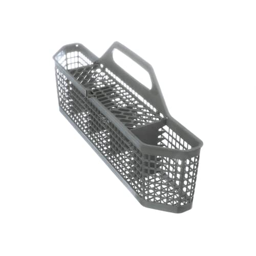 Close-up angled view of the plastic silverware basket showing the compartment structure