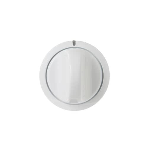 Top view of the white GE dryer control knob showing the front face and the indicator mark.