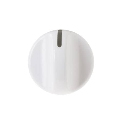 Front view of the white GE rotary knob showing the top indicator line.