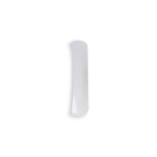 A vertical view of the white, curved dryer handle component against a white background.