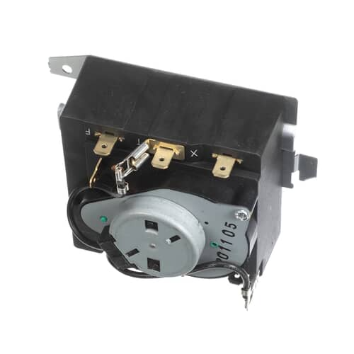 Angled view of the black timer body showing the rotary switch mechanism and the electrical terminals on the left side.