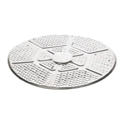An angled view of the round, perforated metal dryer diffuser against a white background.