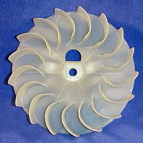 GE blower wheel shown on a blue/purple surface highlighting the curved blades