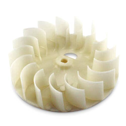 Top view of the light-colored GE WE16M15 blower wheel against a white background