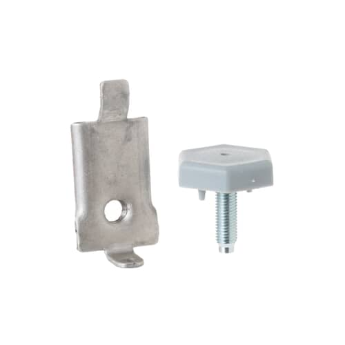 Side view of the leveling bracket and foot assembly, highlighting the screw thread and mounting tab on the bracket.