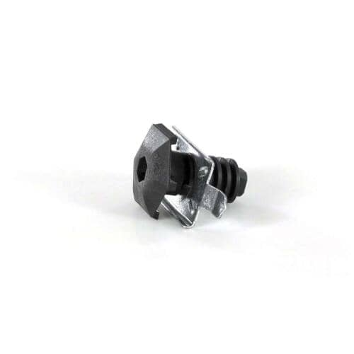 Angled view of the leveling leg assembly showing the black hexagonal adjustment cap and the metal mounting bracket.