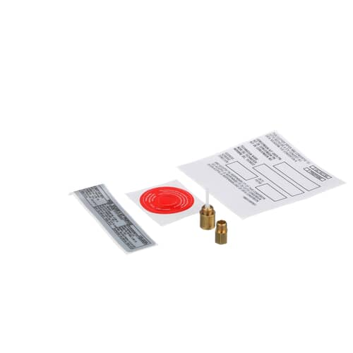 GE WE25M74 LP conversion kit showing brass orifices, stickers, and instructions