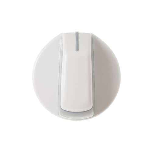 Top-down view of the white GE dryer control knob showing the front face and the vertical indicator line.