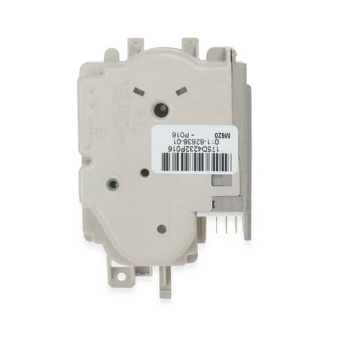 Angled view of the beige GE washer timer assembly against a white background