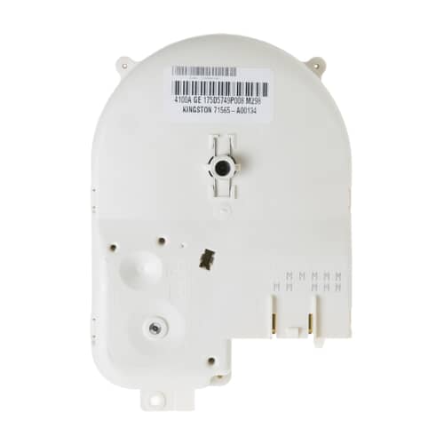 GE WH12X10350 washer timer showing the rear label with bar code and test points