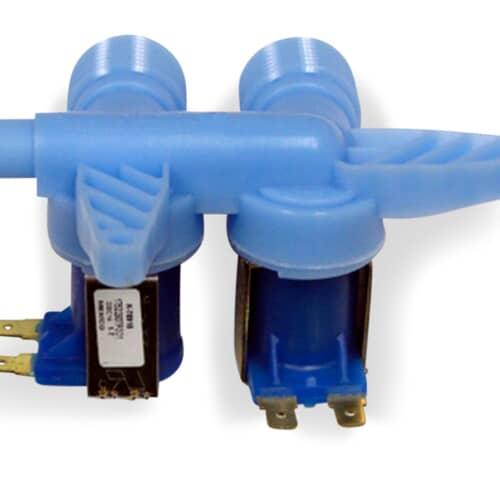 Top view of the GE washer inlet valve showing two threaded inlets on a grid background
