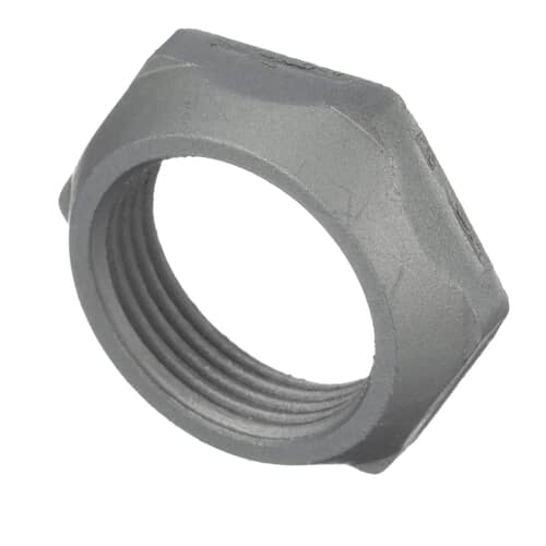 Close-up of the gray plastic GE WH2X1193 hub nut showing internal threads