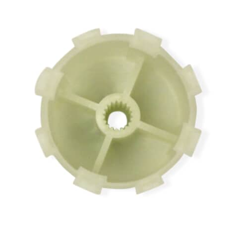 Top-down view of the light yellow GE WH49X10042 agitator coupling showing inner splines and outer tabs