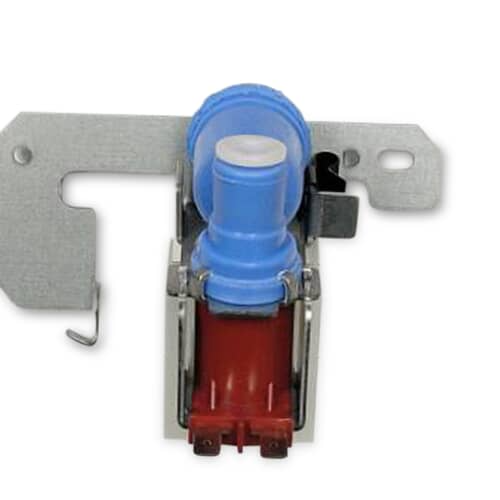 Close-up view of the water valve showing the blue plastic water outlets and metal mounting bracket.