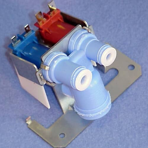 The valve assembly shown with the metal mounting bracket and two loose black wires with red quick-disconnect terminals.