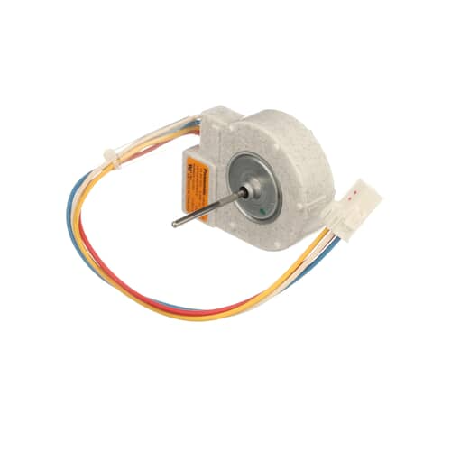 Angled view of the DC condenser fan motor, showing the light gray fan housing and the attached wiring harness.