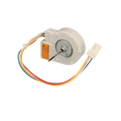 Top view of the motor assembly, showing the metal shaft extending from the fan hub and the electrical label detail.