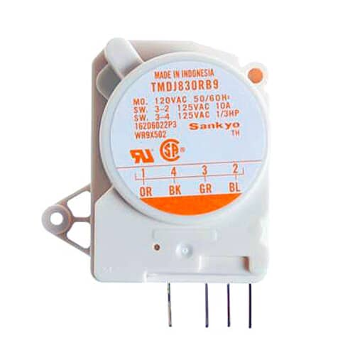 Top view showing the electrical terminals (1, 4, 3, 2) and their corresponding wire colors (OR, BK, GR, BL) on the label.
